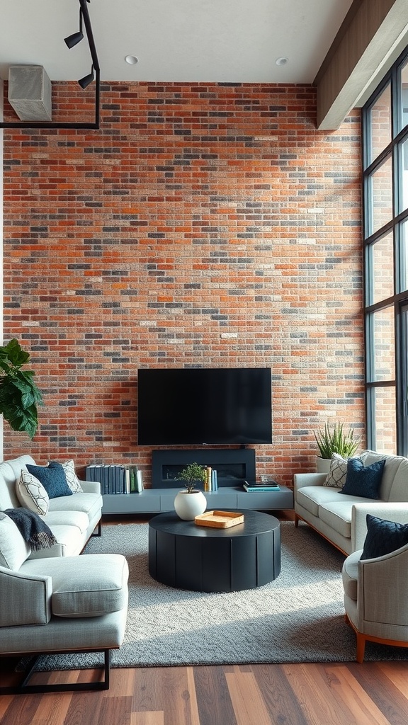 A stylish living room with an exposed brick wall, featuring comfortable seating and modern decor.