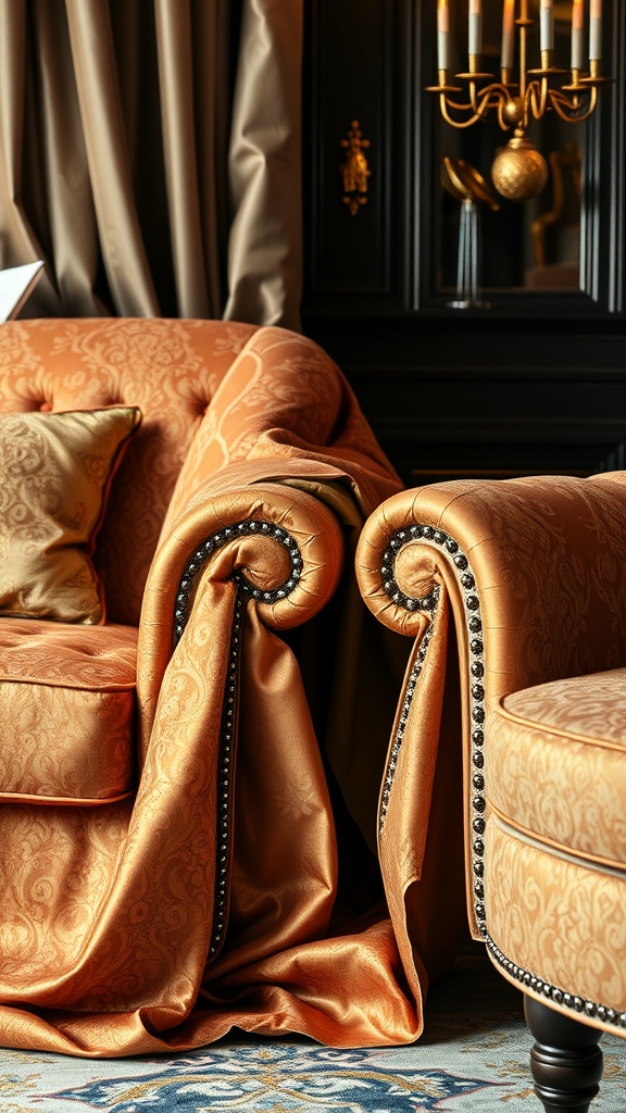 Elegant furniture with rich fabrics in a classic interior design setting.