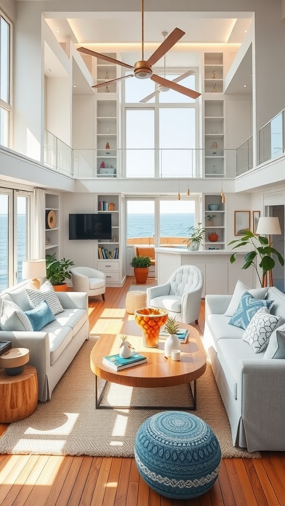 Luxurious family-friendly living space on a yacht with large windows, comfortable seating, and ocean views.