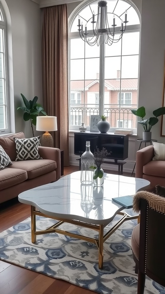 A stylish living room featuring a unique coffee table with a marble top and gold base.