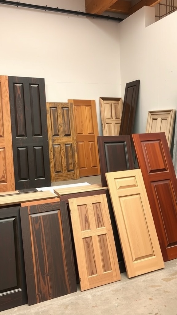 An array of wood doors in various finishes showcasing different colors and styles.