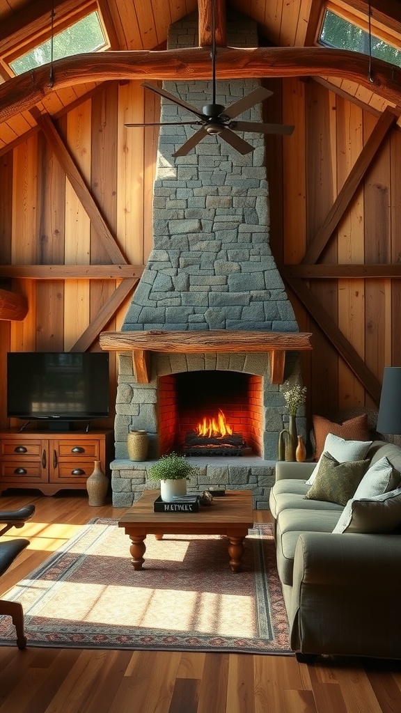 A cozy living room featuring a stone fireplace, wooden beams, and comfortable furniture.