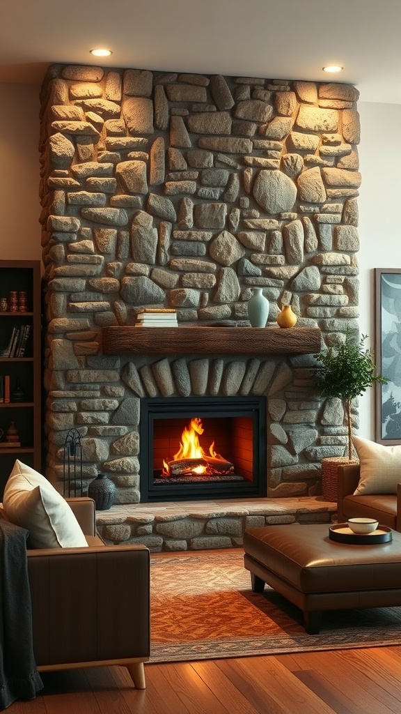 Interior design featuring a stone wall with a fireplace and cozy seating
