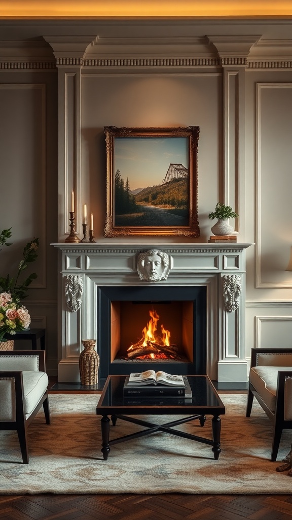Cozy fireplace with artistic details in a luxury interior setting.