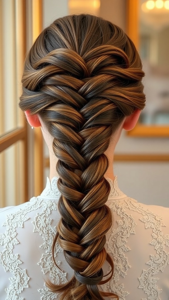 A close-up view of a fishtail bow braid hairstyle, showcasing intricate weaving with a mix of brown and blonde hair.