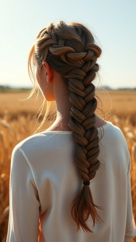 A woman with a fishtail braid hairstyle, showcasing a stylish and intricate braid against a natural outdoor background.