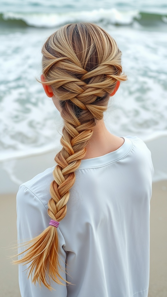 A close-up view of a fishtail braid hairstyle on a person standing by the beach, showcasing the intricate weaving of the hair.