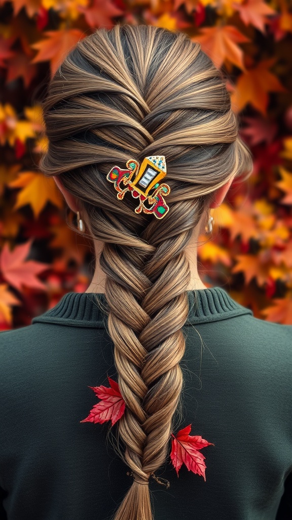 A fishtail braid secured with a colorful claw clip, surrounded by autumn leaves.