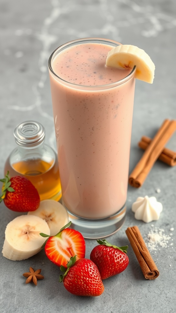 A glass of strawberry banana smoothie with fresh strawberries and banana slices beside it.
