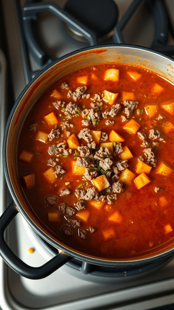 A pot of keto taco soup with ground beef, diced tomatoes, and vegetables.