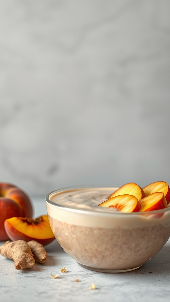 A ginger peach smoothie bowl topped with sliced peaches and garnished with nuts.
