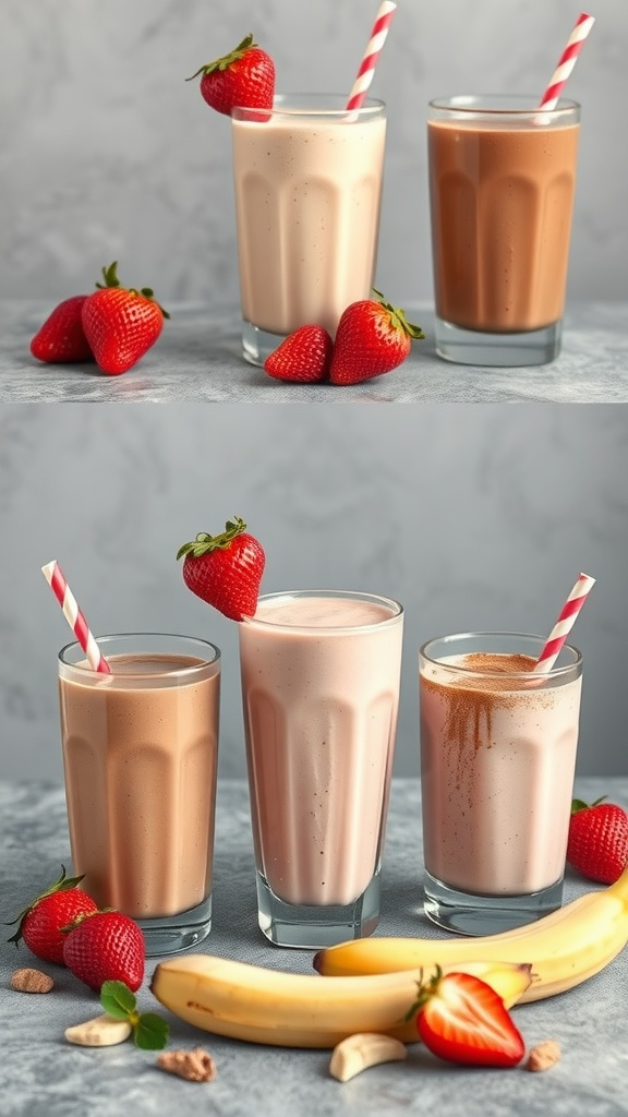 A colorful display of strawberry banana smoothies in glasses with fresh strawberries and bananas.