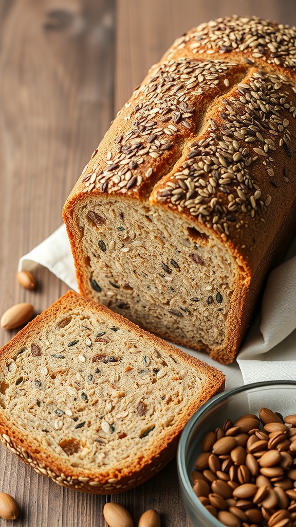 A loaf of flaxseed and chia seed bread with a slice cut out, showcasing its texture.