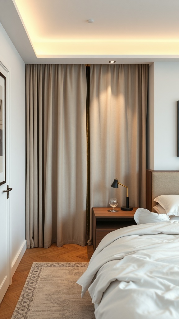 A well-decorated small bedroom with curtains used as a room divider.