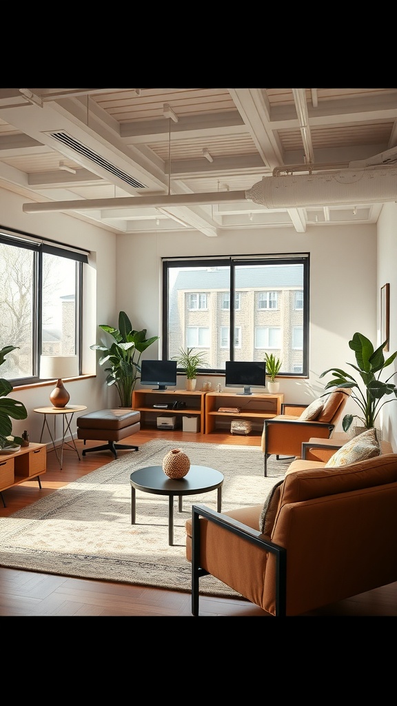 A modern interior design space with comfortable seating, plants, and workspace.