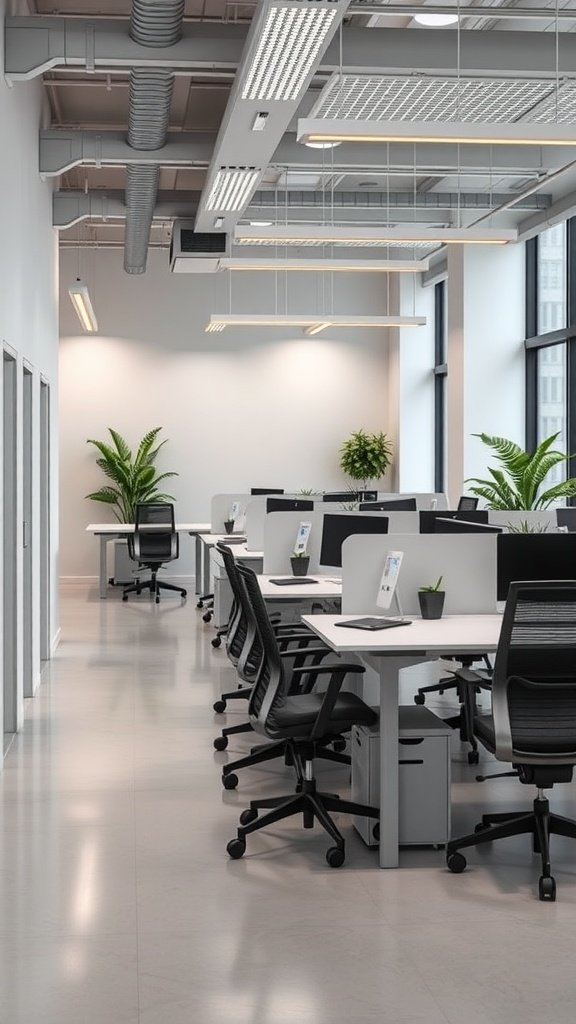Modern office interior featuring flexible workstations with plants and bright lighting.