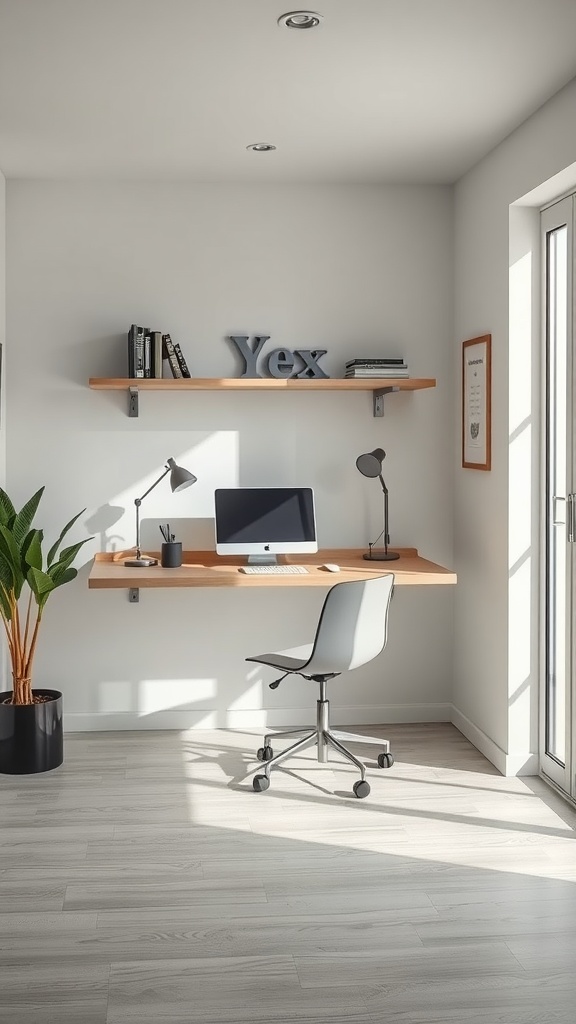 A modern floating desk setup with a computer, lamp, and a plant, showcasing a minimalist workspace.