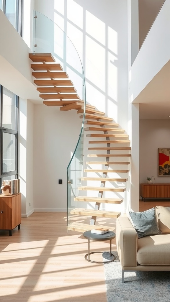 A stylish interior featuring floating wooden steps and a glass railing.
