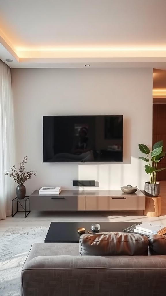 A modern interior featuring a floating TV unit with a sleek design, minimalist decor, and natural light.