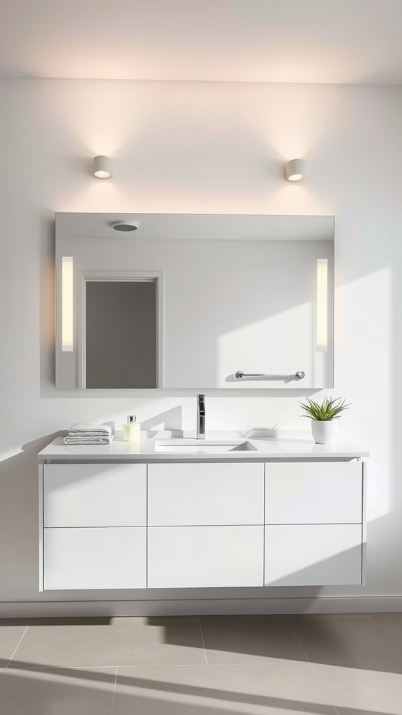 A modern bathroom featuring a floating vanity with a clean design and minimalistic decor.