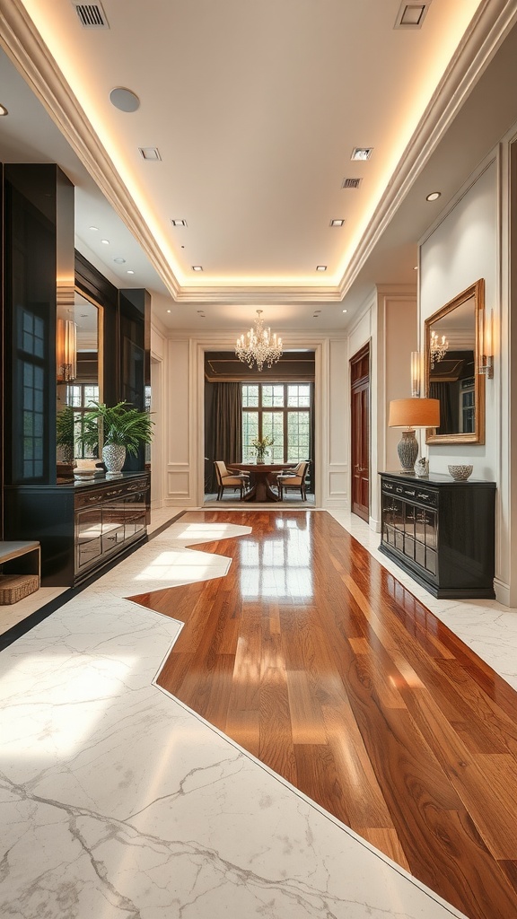 Elegant luxury house interior with a mix of hardwood and marble flooring.