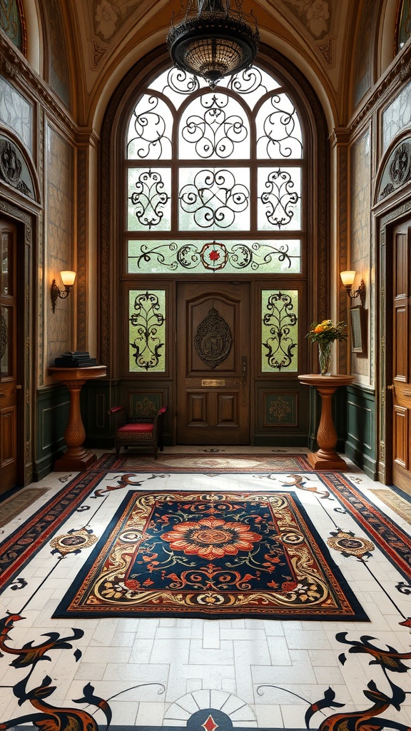 Art Nouveau style interior with intricate flooring and carpet design.