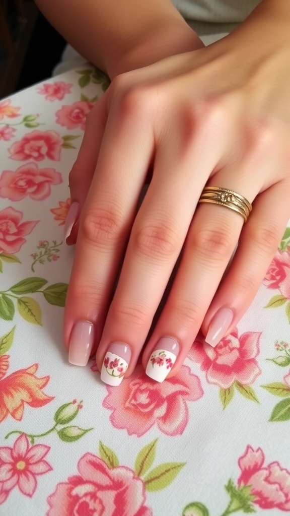 Close-up of hands with floral nail art on a nude base, resting on a floral patterned surface.