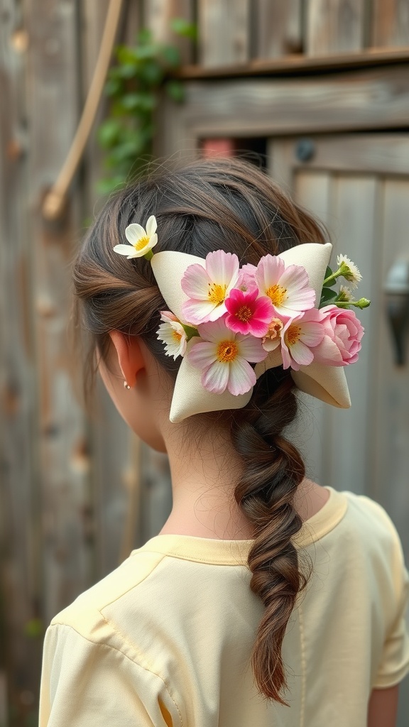A girl with a braid adorned with a floral bow accent, featuring pink and white flowers.