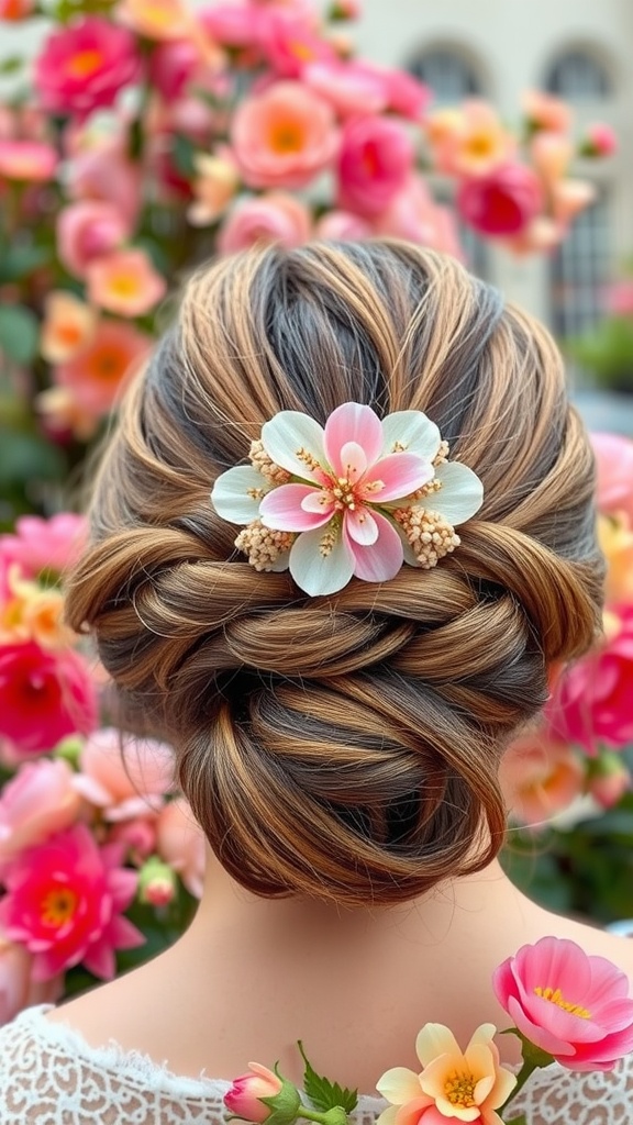 A loose updo hairstyle adorned with a floral claw clip, surrounded by blooming flowers.