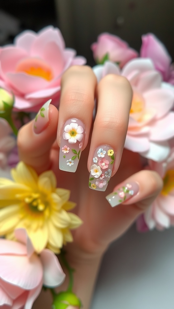 Square acrylic nails with floral designs surrounded by colorful flowers.