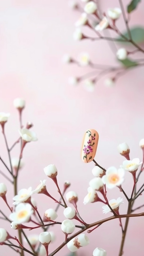 Floral designs on white chrome nails displayed among soft white flowers.