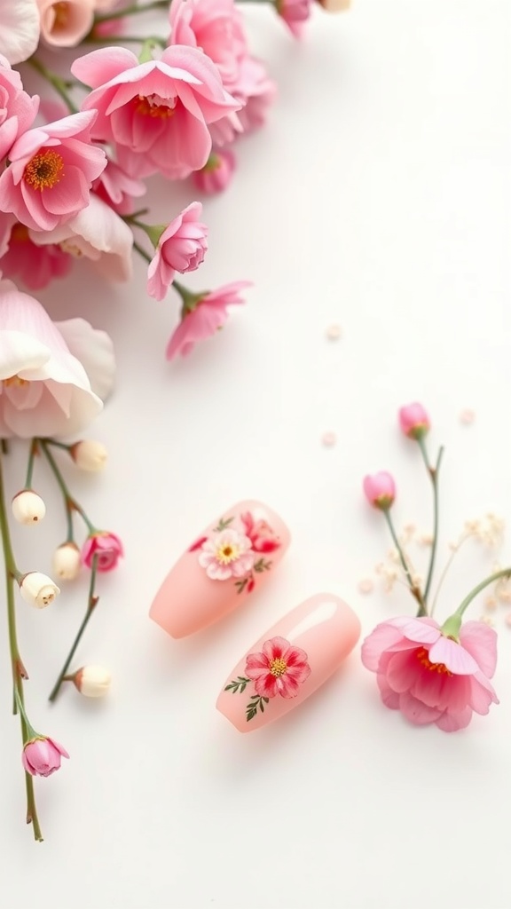 Two nails with floral designs next to pink flowers.