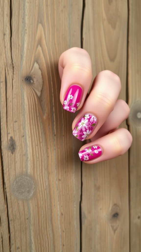 A hand with hot pink nails featuring floral designs on some nails.