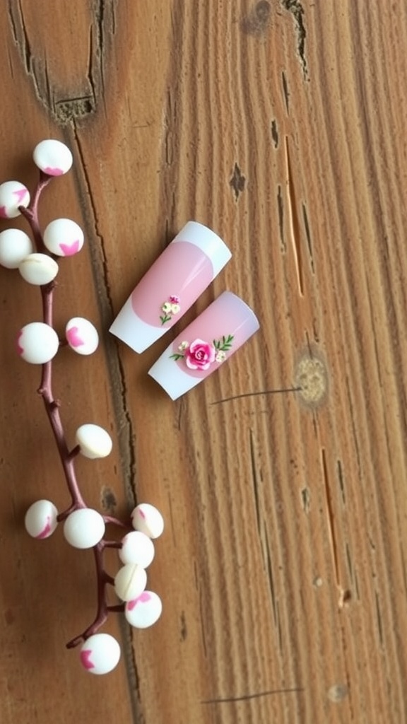 Image of white French tip nails with floral designs