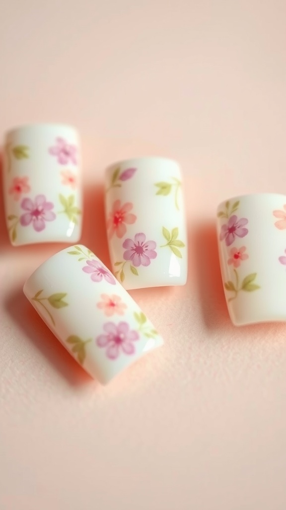 Short square nails with floral patterns in soft colors.