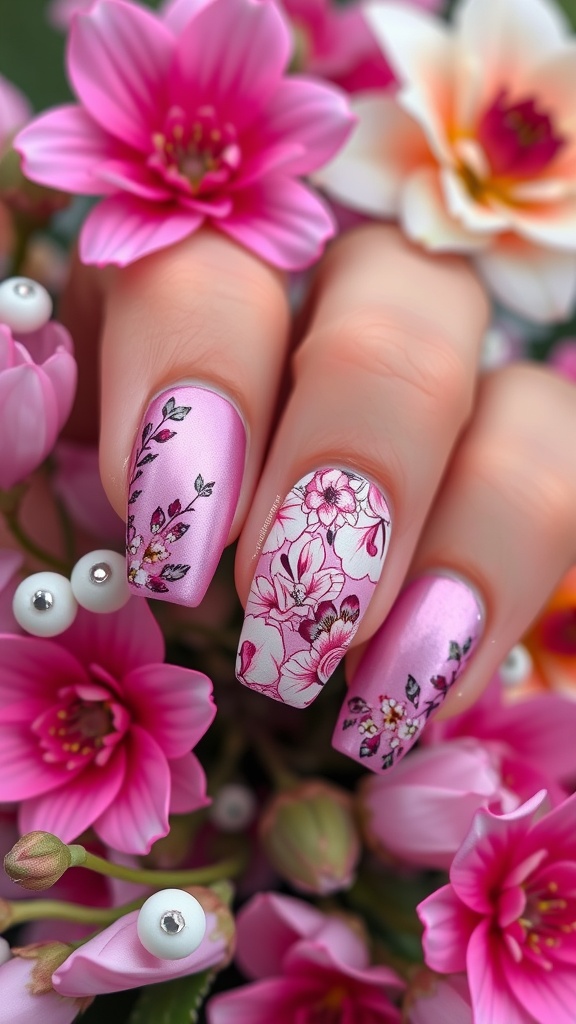 Close-up of floral pink chrome nail art with pink flowers in the background