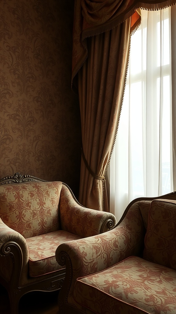A cozy interior featuring Florentine patterned upholstery and curtains.