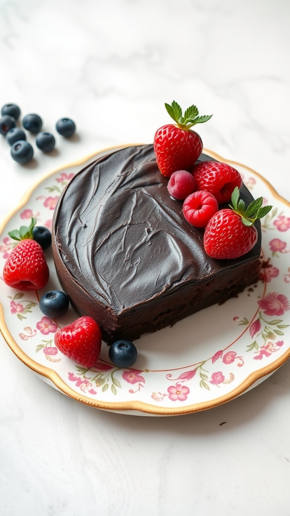 A delicious flourless chocolate cake topped with fresh berries on a decorative plate.