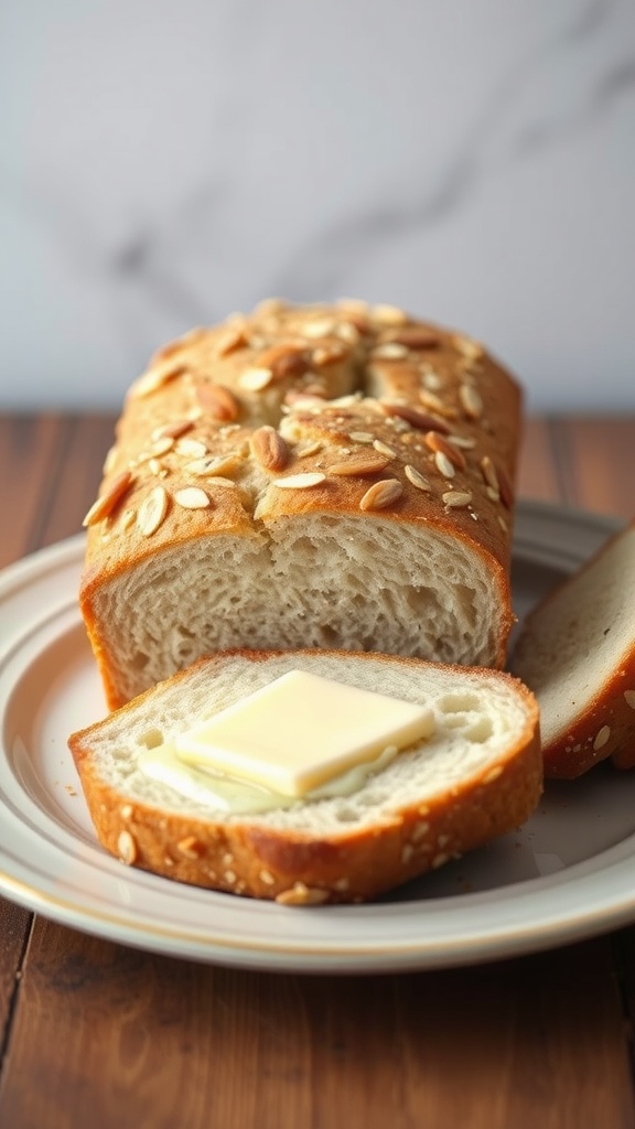 A loaf of fluffy almond flour bread with a slice cut and butter on a plate.