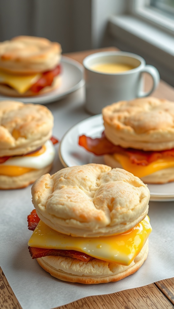 Fluffy keto biscuit sandwiches with bacon and cheese