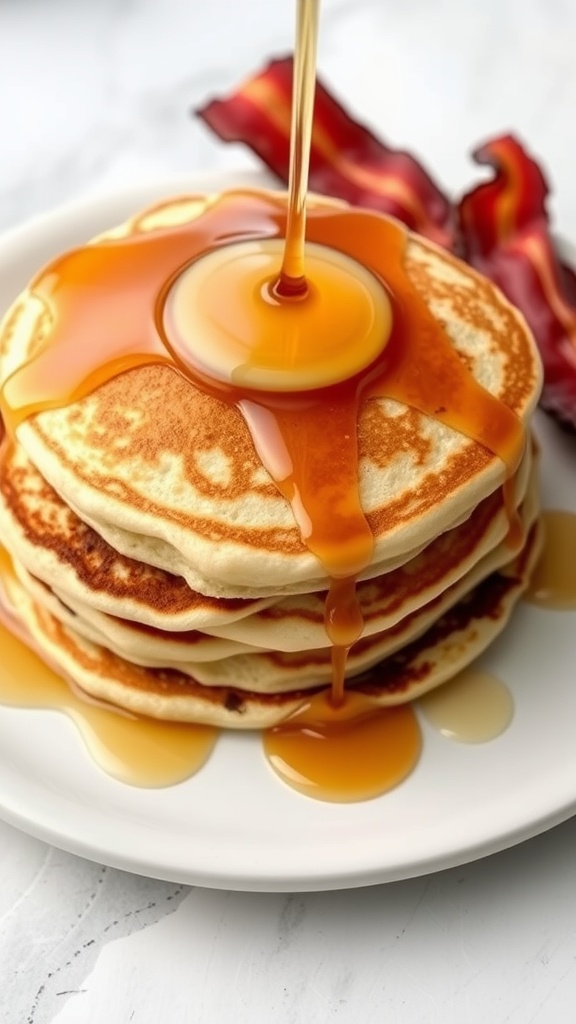 Fluffy keto pancakes with syrup drizzled on top