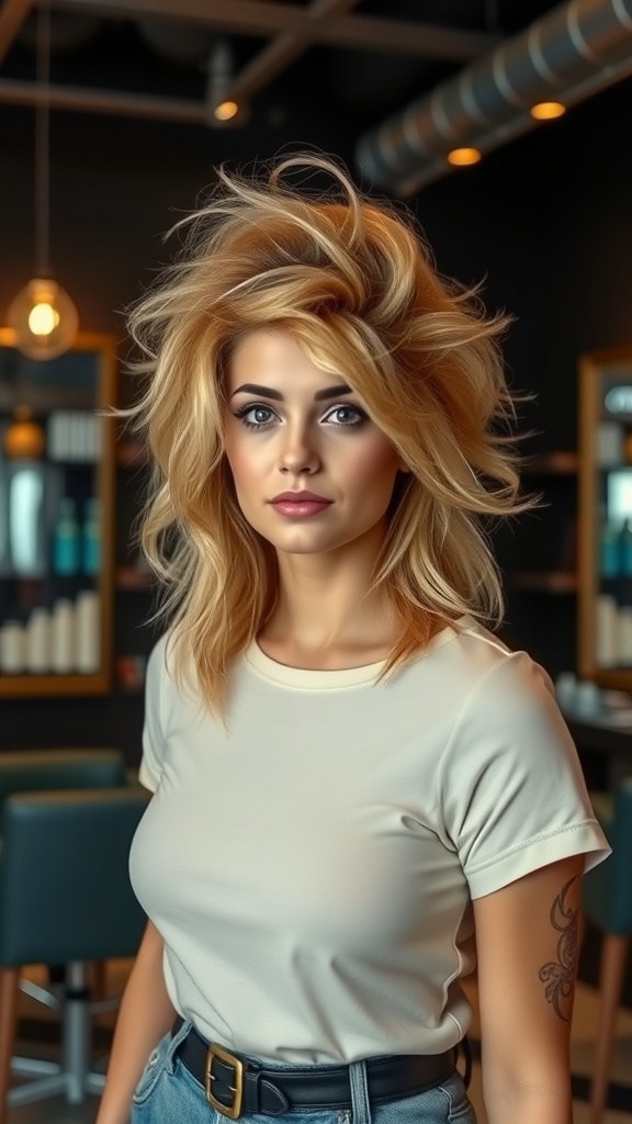 A woman showcasing a fluffy mullet hairstyle with volume