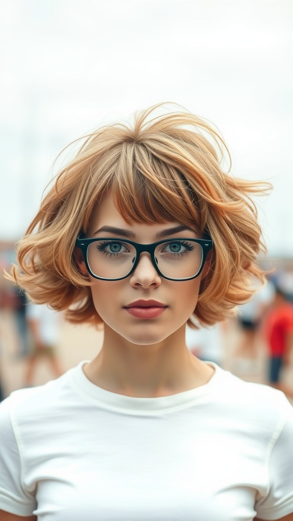 A person with fluffy short hair and bangs, wearing glasses, looking directly at the camera.