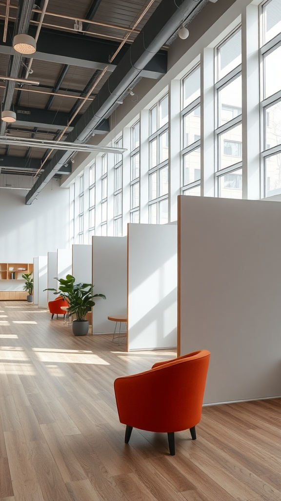 A spacious interior with fluid room dividers, featuring large windows and orange chairs.