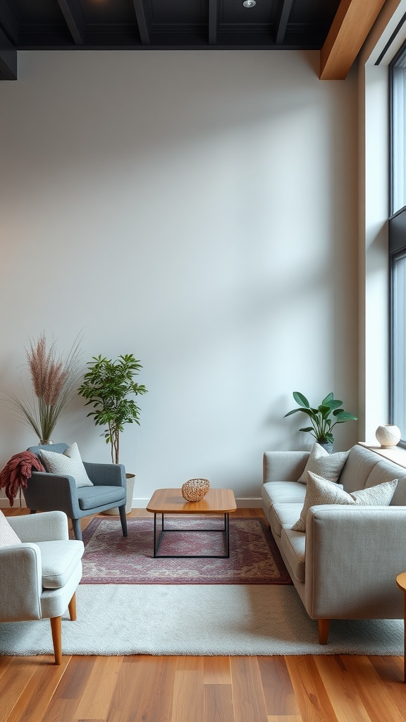 A cozy living room with comfortable furniture, plants, and natural light.