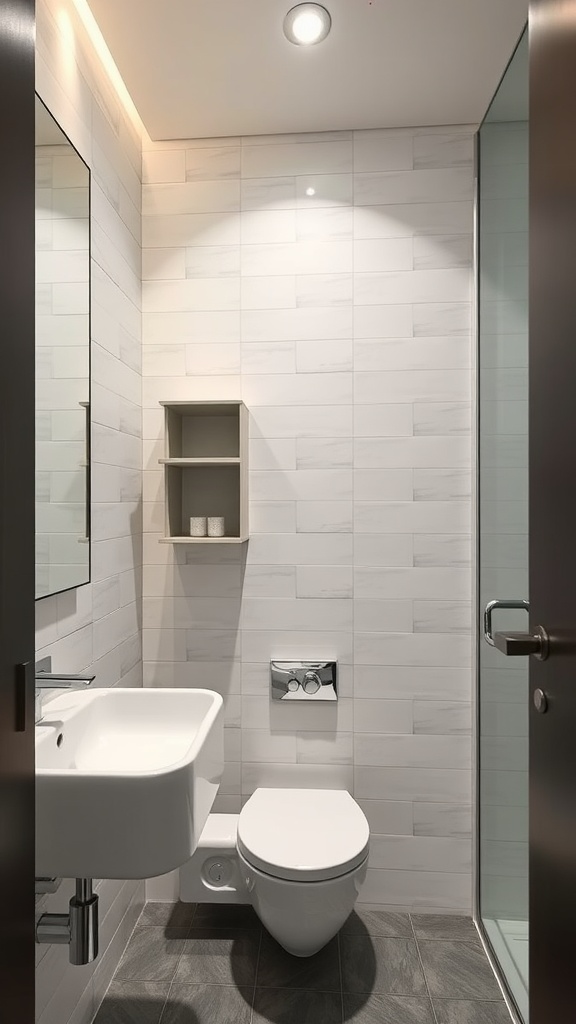 Modern bathroom interior design with a minimalist look, featuring a small sink, toilet, and glass shower