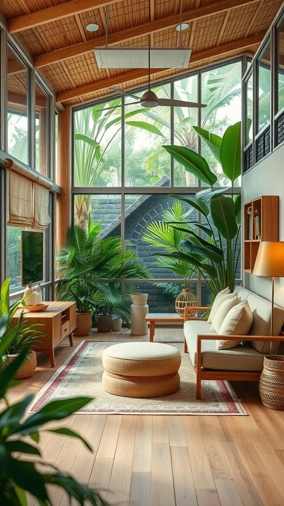 A tropical interior design featuring eco-friendly materials with lush green plants and natural wood accents.