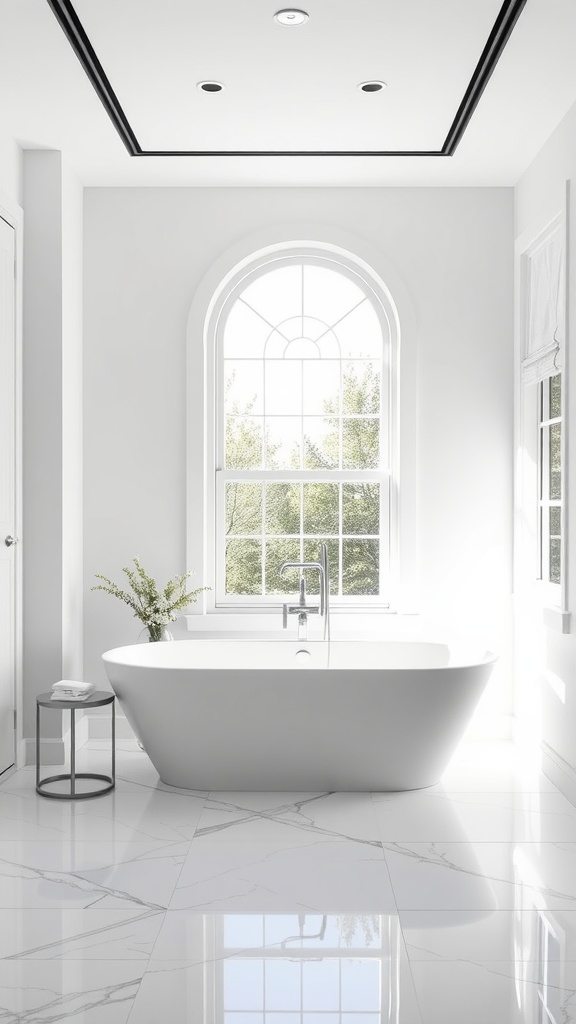 A modern freestanding bathtub in a bright bathroom with large window and marble floor.