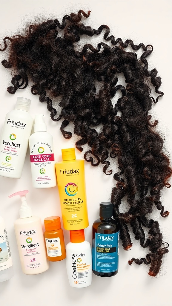 Hair products for French curls including conditioners and curl creams with curly hair in the background.