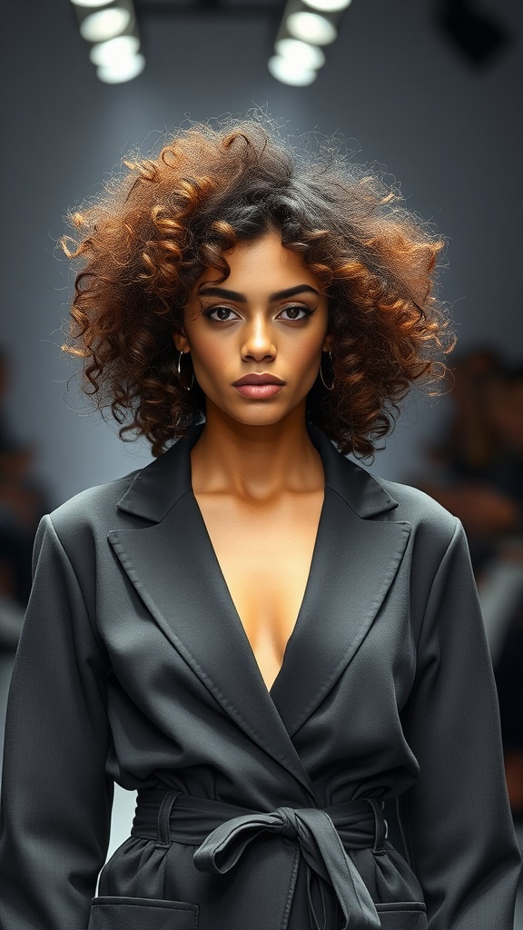 Model showcasing French curls on a fashion runway.